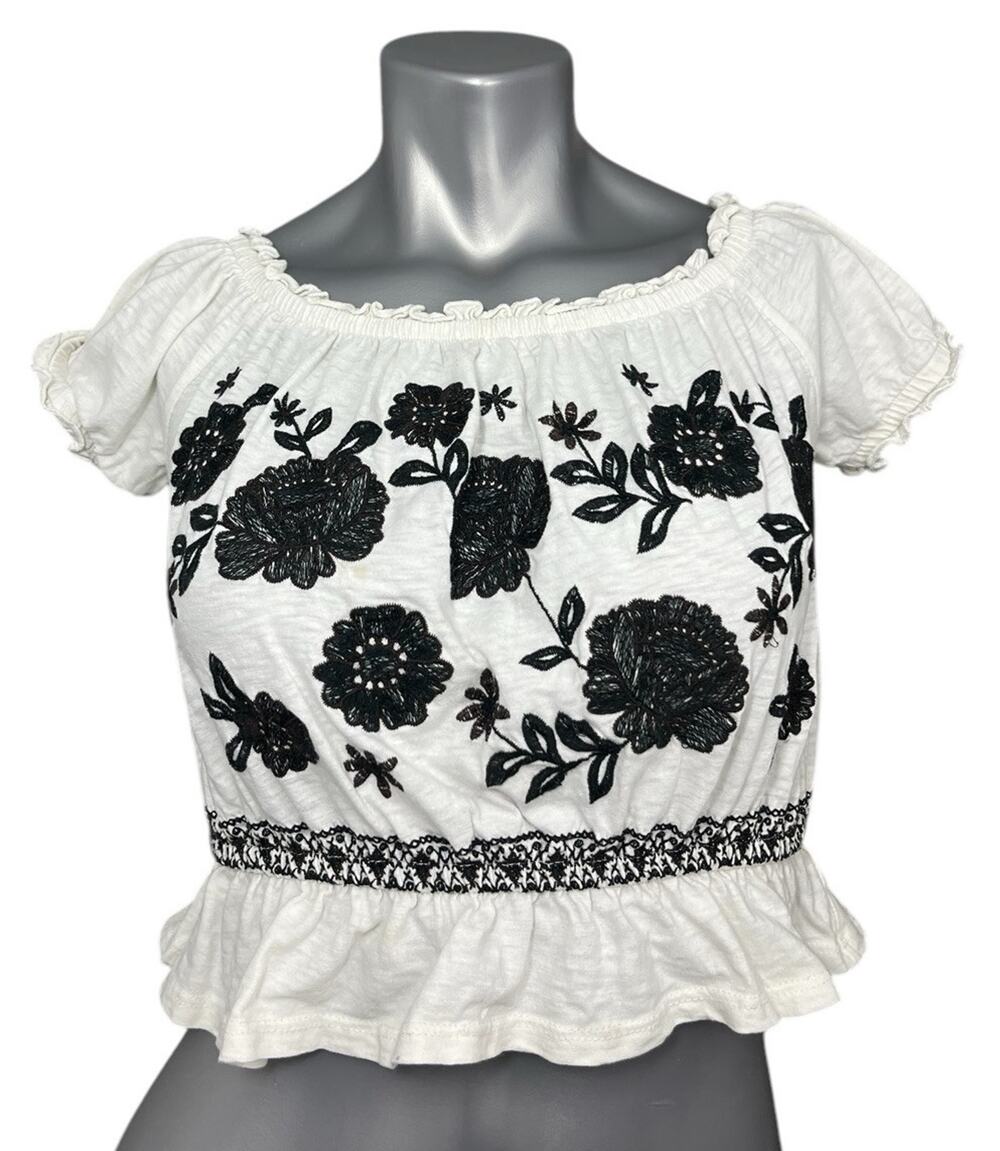 American Eagle Top Women's Black White XS Babydoll Crop Embroidered Y2K
